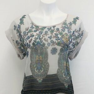 Xhilaration Ivory Sheer Paisley Top with Blue and Teal Accents